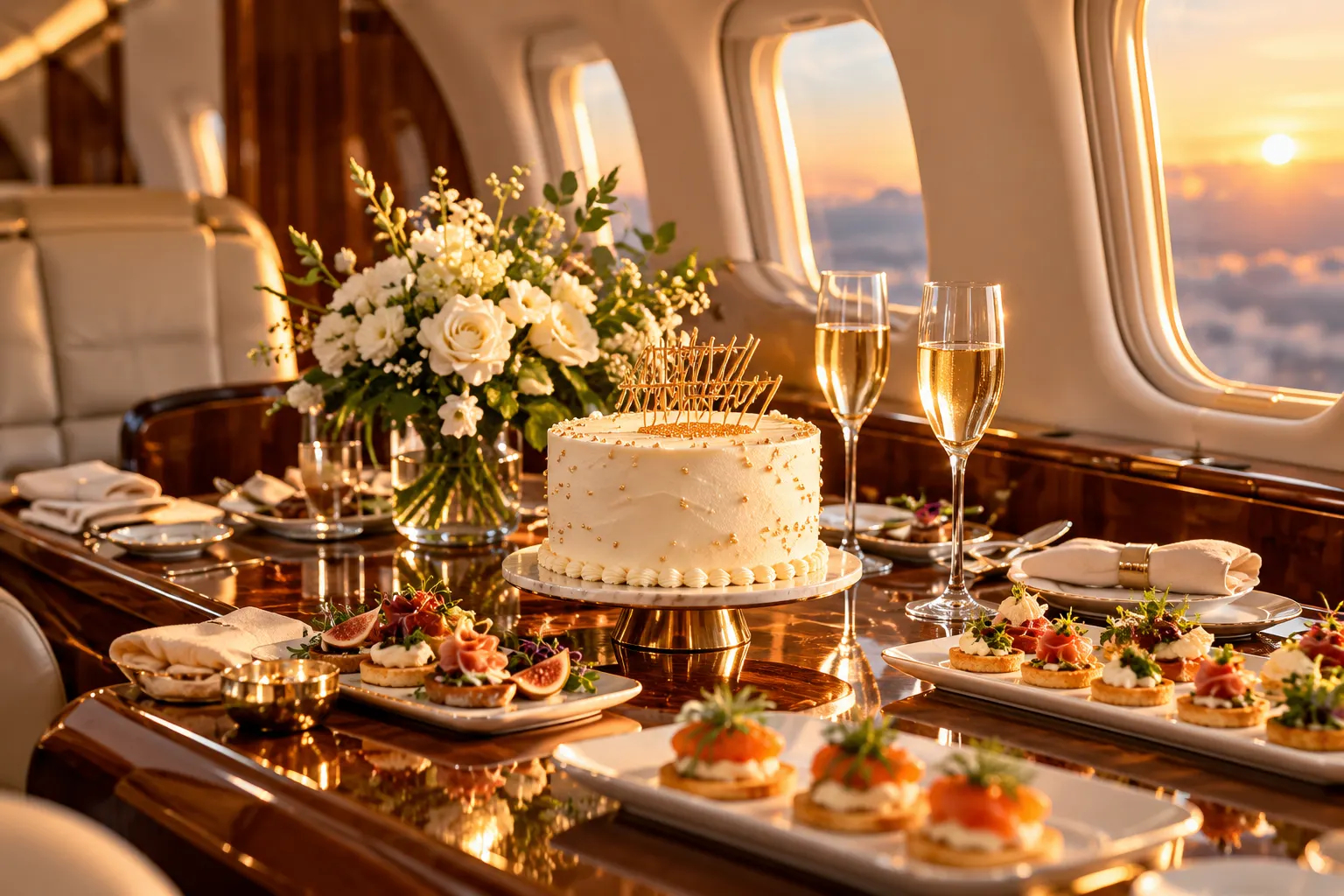 Birthday cake, canapés and flowers on a walnut table beside a private jet window.