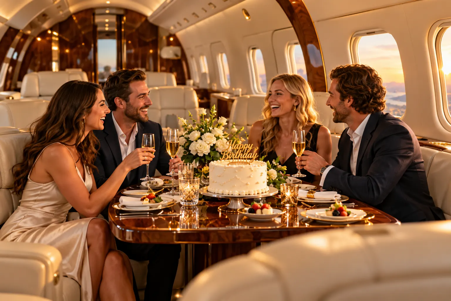 Four friends celebrating a birthday around a cake in a private jet cabin.