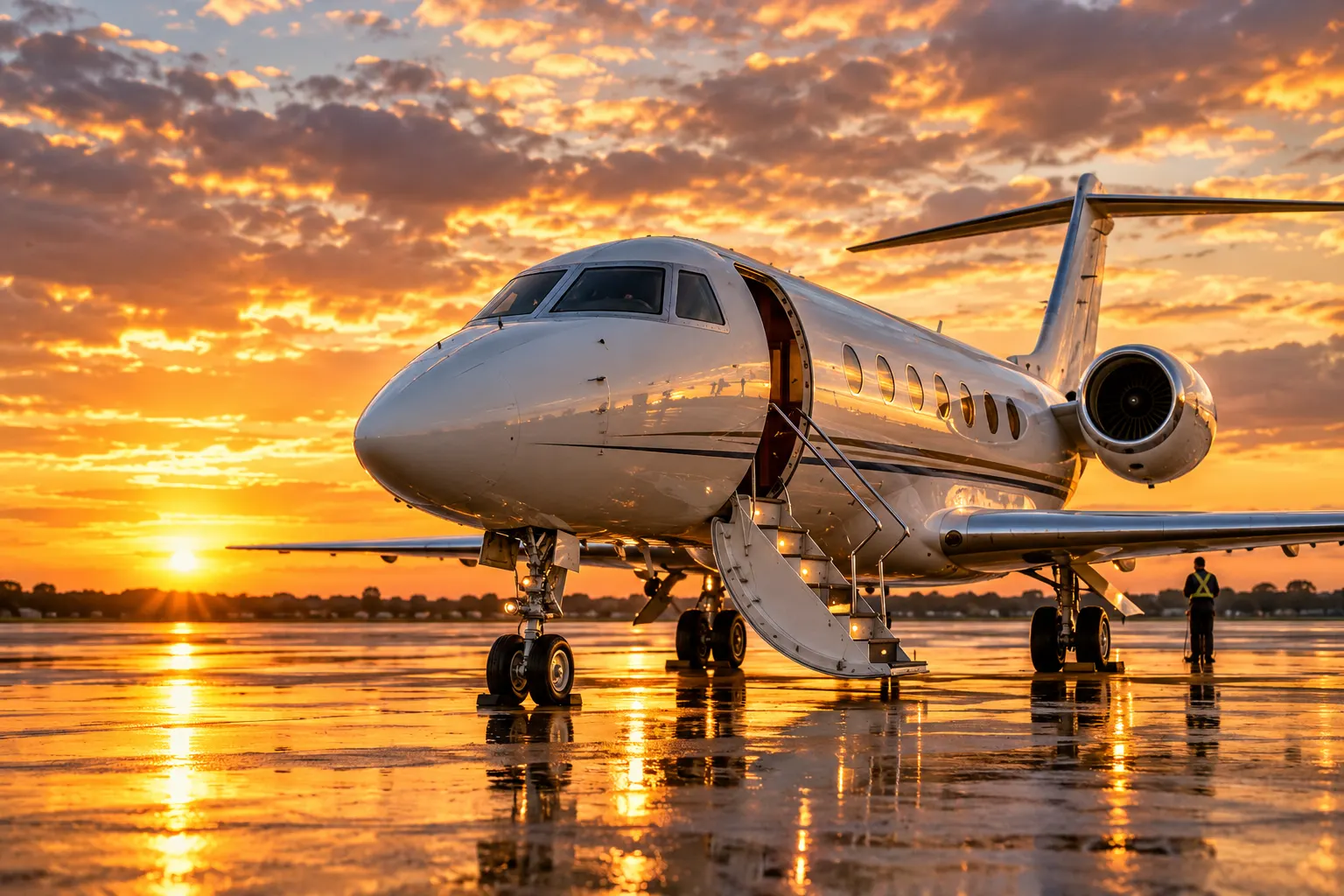 Private jet parked on an airport apron at sunset.