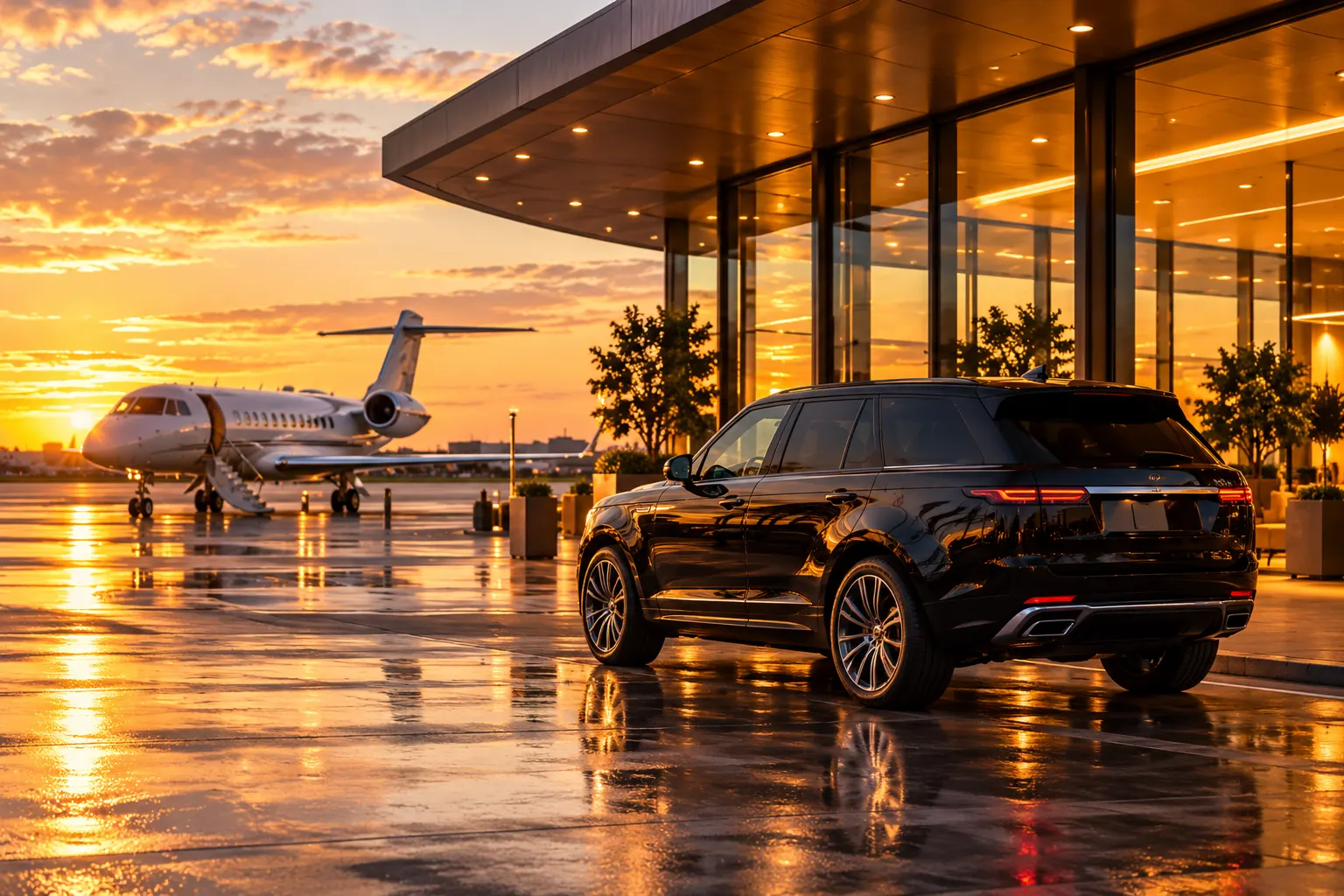 Chauffeur vehicle outside a private terminal at sunset.