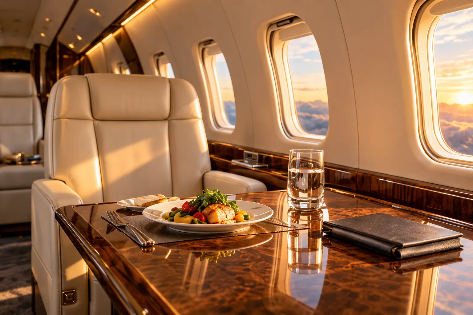 Dining table set for a meal beside a private jet window.