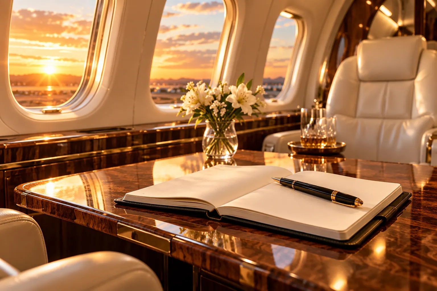 Notebook on a cabin table beside a private jet seat.