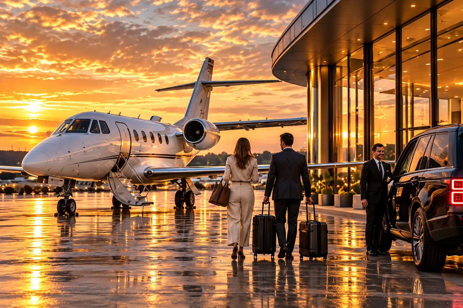 Travellers walking to a private jet at sunset as a chauffeur waits beside the car.