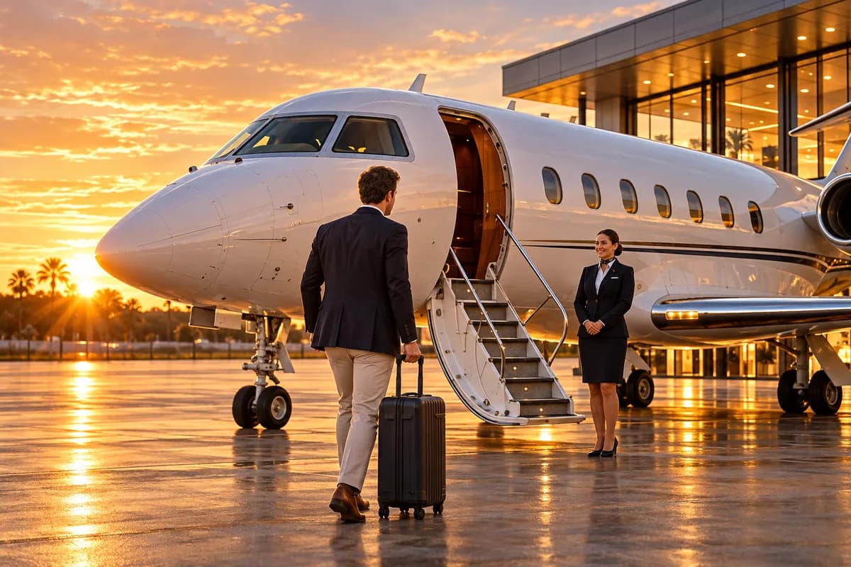 Passengers boarding a private jet at golden hour