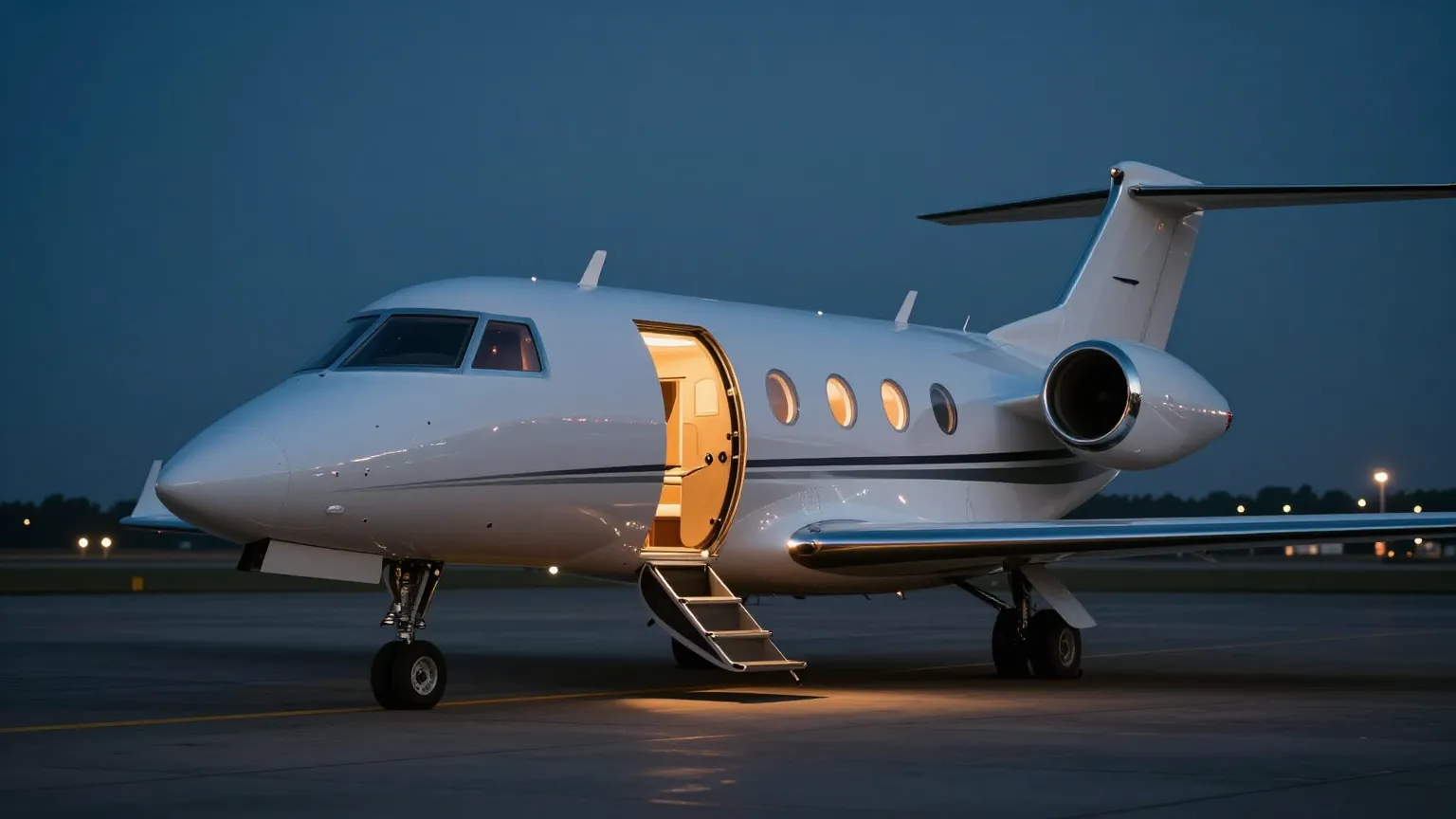 Midsize private jet on a quiet ramp at dusk with the cabin door open and interior light spilling onto the tarmac