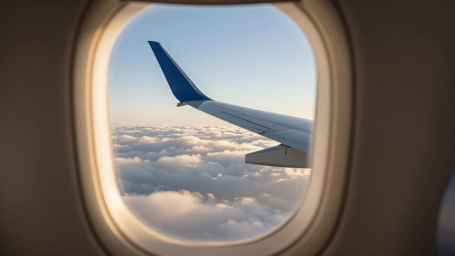 Wing tip over a sea of clouds at sunrise, seen from a private jet cabin window