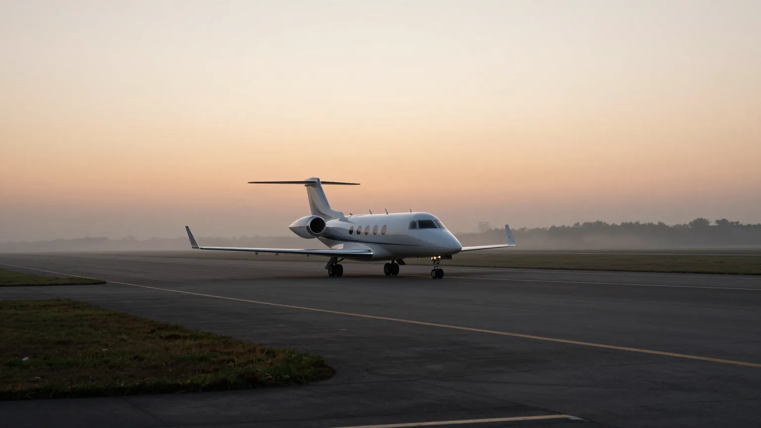 A single light jet taxiing alone on an empty runway at dawn