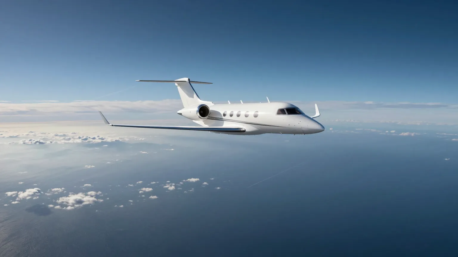 Long-range private jet in cruise flight high above an ocean cloud layer