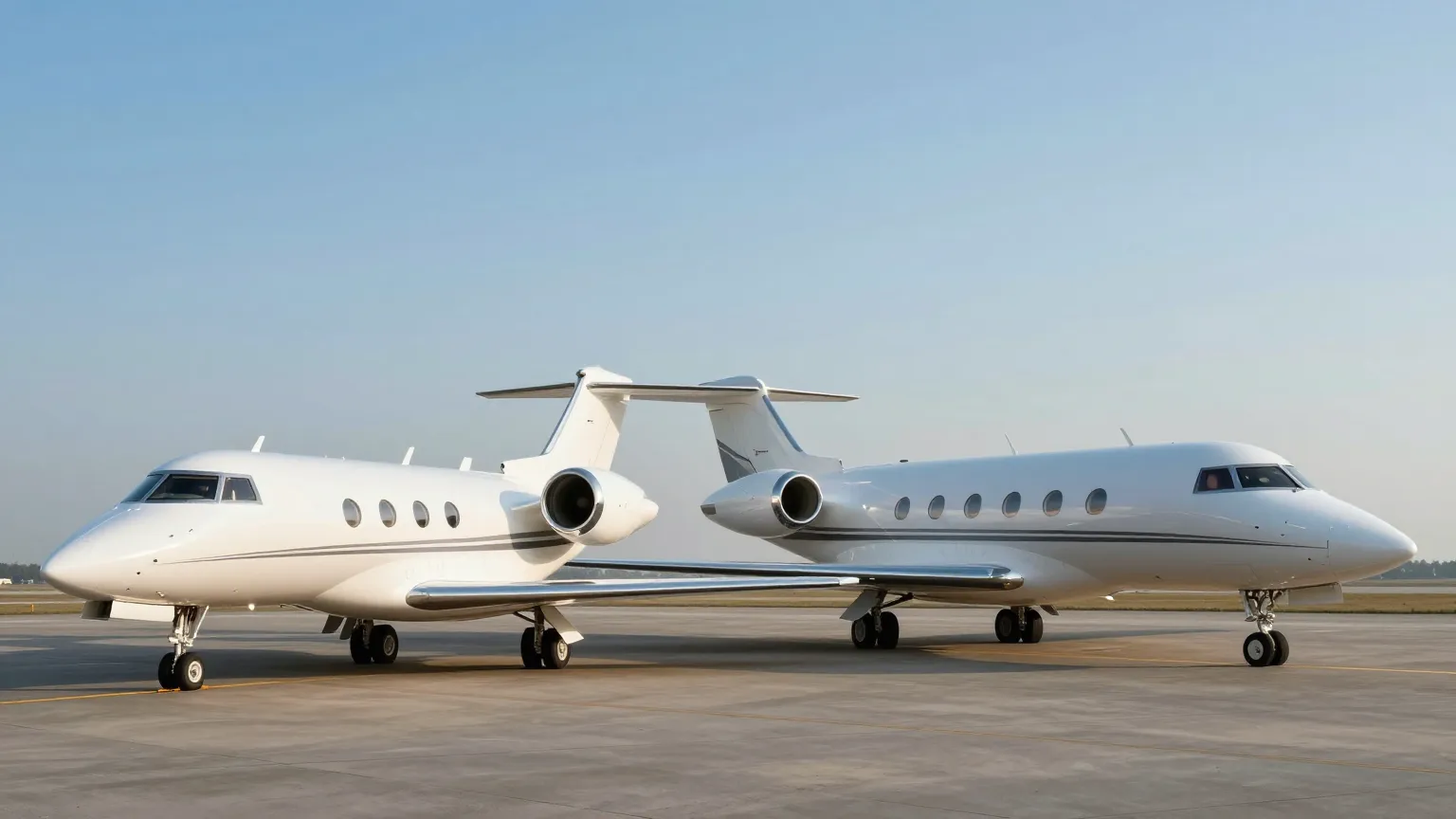 A light jet parked beside a much larger heavy jet on an executive airport ramp in morning light