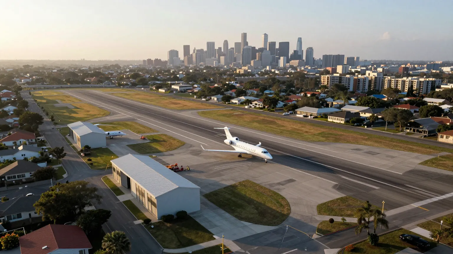 Aerial view of a small executive reliever airport with FBO hangars and a city skyline in the distance